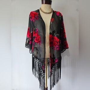 Wrangler Black Kimono Shrug with Red and Pink Floral Velvet And Fringe. Size S